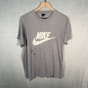 Vintage 80s Nike T Shirt Size Large Logo Single Stitch Thrashed Faded Blue Tag